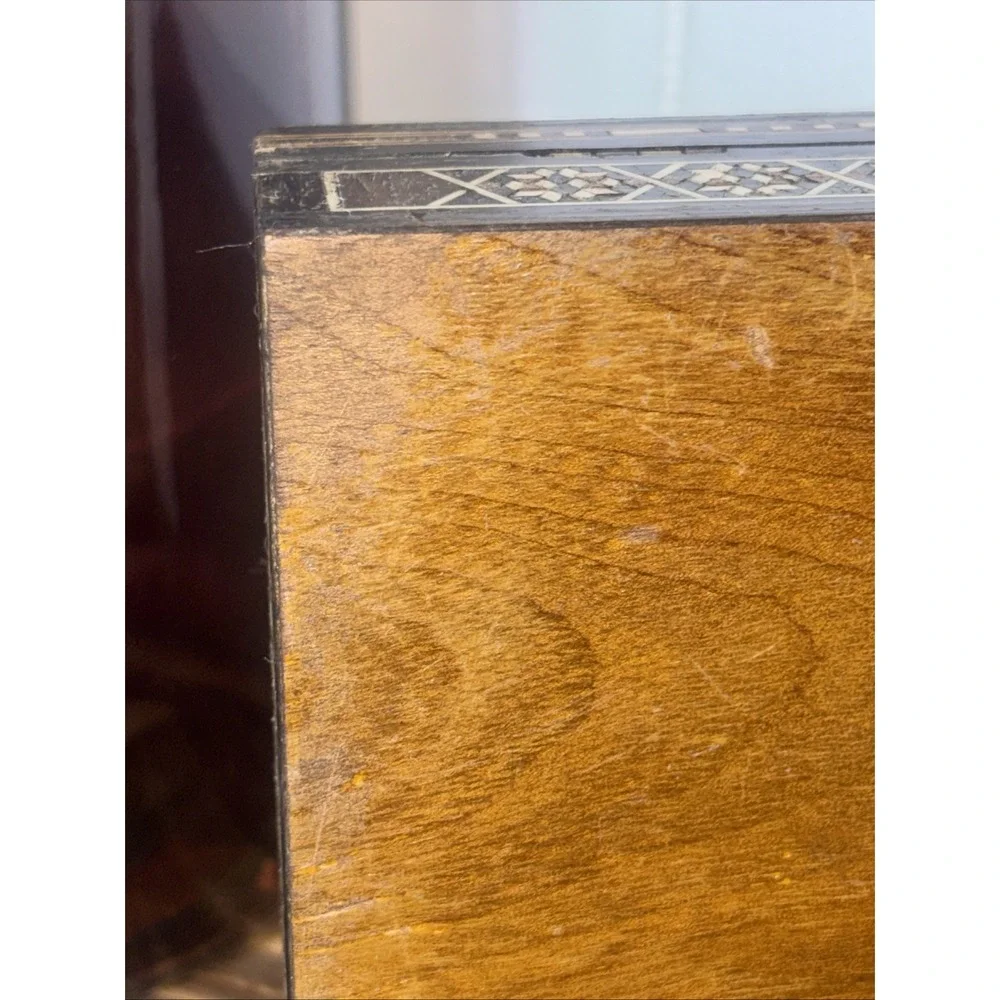 vintage handcrafted wooden trinket box mosaic inlay mother-of-pearl accents